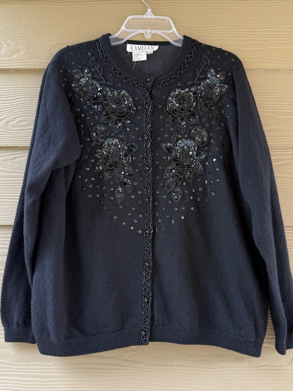 VTG 60s Black Angora Lambswool Blend Beaded Embellished Lined Sweater Cardigan